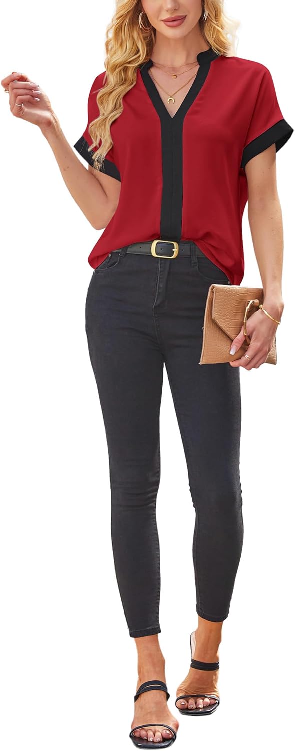 Avanova Women Color Block V Neck Short Sleeve Blouses Shirts Work Elegant Dressy Tops - Image 5