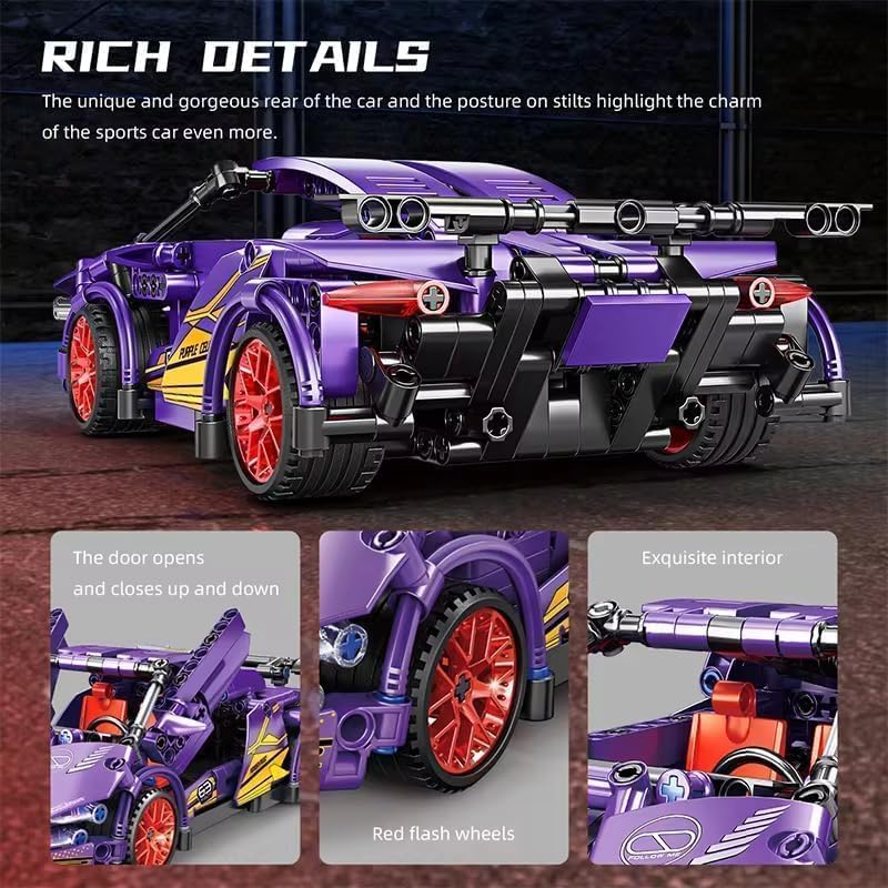 Image of 1:18 Scale Racing Car Building Block Set - Pull Back DIY Assembly Supercar Model | Compatible Bricks Toy for Kids, Adults, Collectors & Racing Car Lovers (Purple Lamborghini)