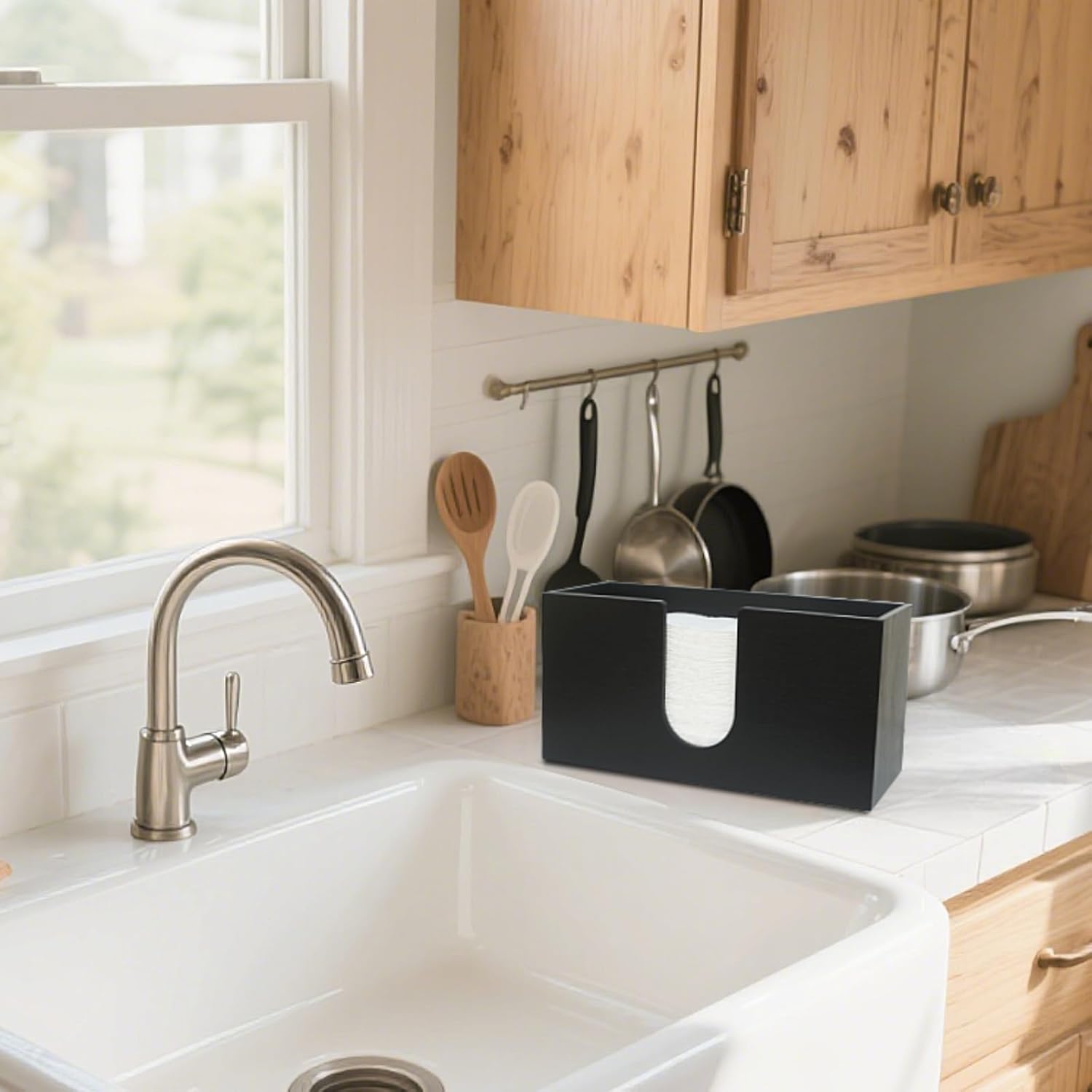 Paper Towel Dispenser Countertop, Bamboo Paper Hand Towel Holder for Bathroom Kitchen Toilet, Black Napkin Towel Holder, Napkin Dispenser Suitable for C-Fold Z-Fold Trifold Multifold Towels - Image 6