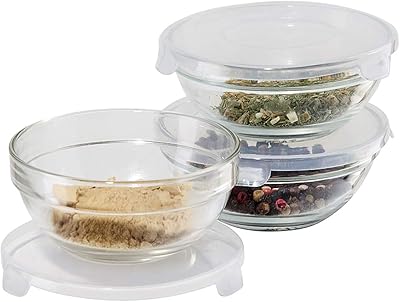 Oggi Set of 3 x Glass Pinch Bowls - 4oz with Clip Lids, Ideal as Salt and Pepper Bowls, Storage Bowls with Lids, Condiment Bowls, Mini Bowls, Prep Bowls for Cooking or Mise en Place Bowls - Clear