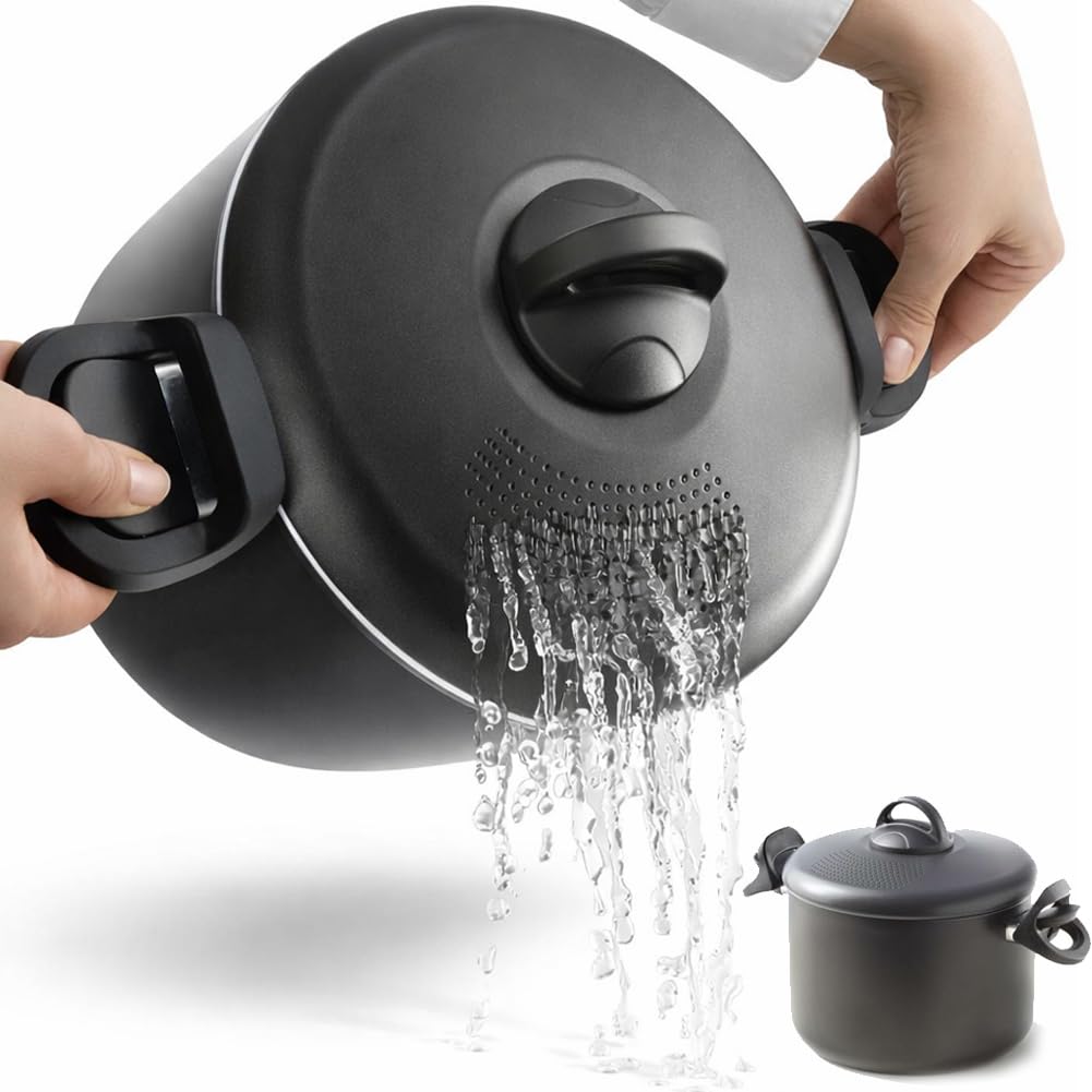 BAKAJI Olla Scolì de 22 cm con colador integrado y asas móviles y ergonómicas, olla antiadherente de aluminio con asas de bloqueo, segura y práctica, ideal para pasta, espaguetis