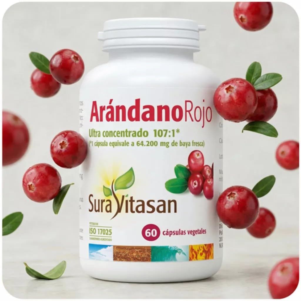 SURA VITASAN Arándano Rojo 60 Cápsulas – Extracto Ultra Concentrado 600 mg 107:1 con PACs y Vitamina C – Salud de las Vías Urinarias y Sistema Inmunitario