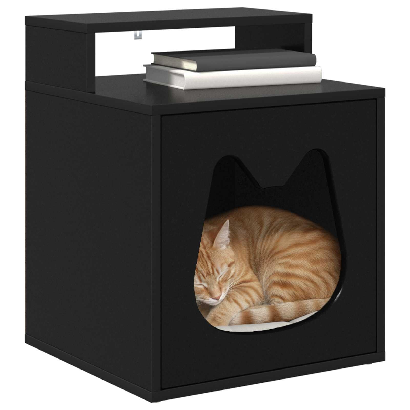 Katzenhaus Schwarz 42,5 x40 x 53,5 cm - Moderne Katzenhöhle aus Holzwerkstoff für drinnen, Katzenhütte und gemütlicher Rückzugsort für das Wohnzimmer