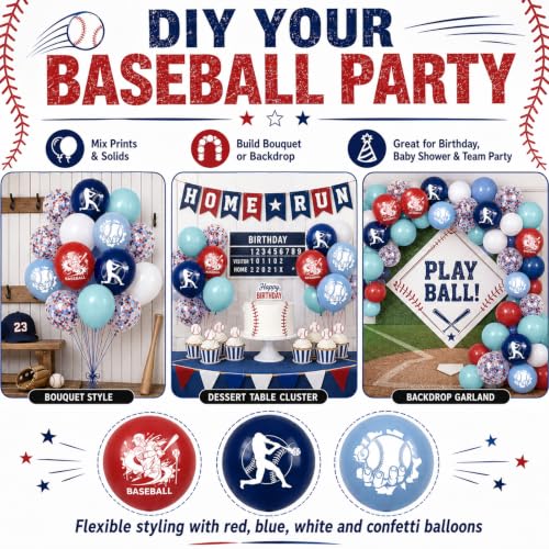 Image of Baseball Balloons for Birthday Party Decor, 12 inch Navy Blue Red White Balloon | Dusty Light Blue Red Baseball Print and Confetti Balloons for Boys Baseball Birthday Baby Shower Sport Team Party Decorations