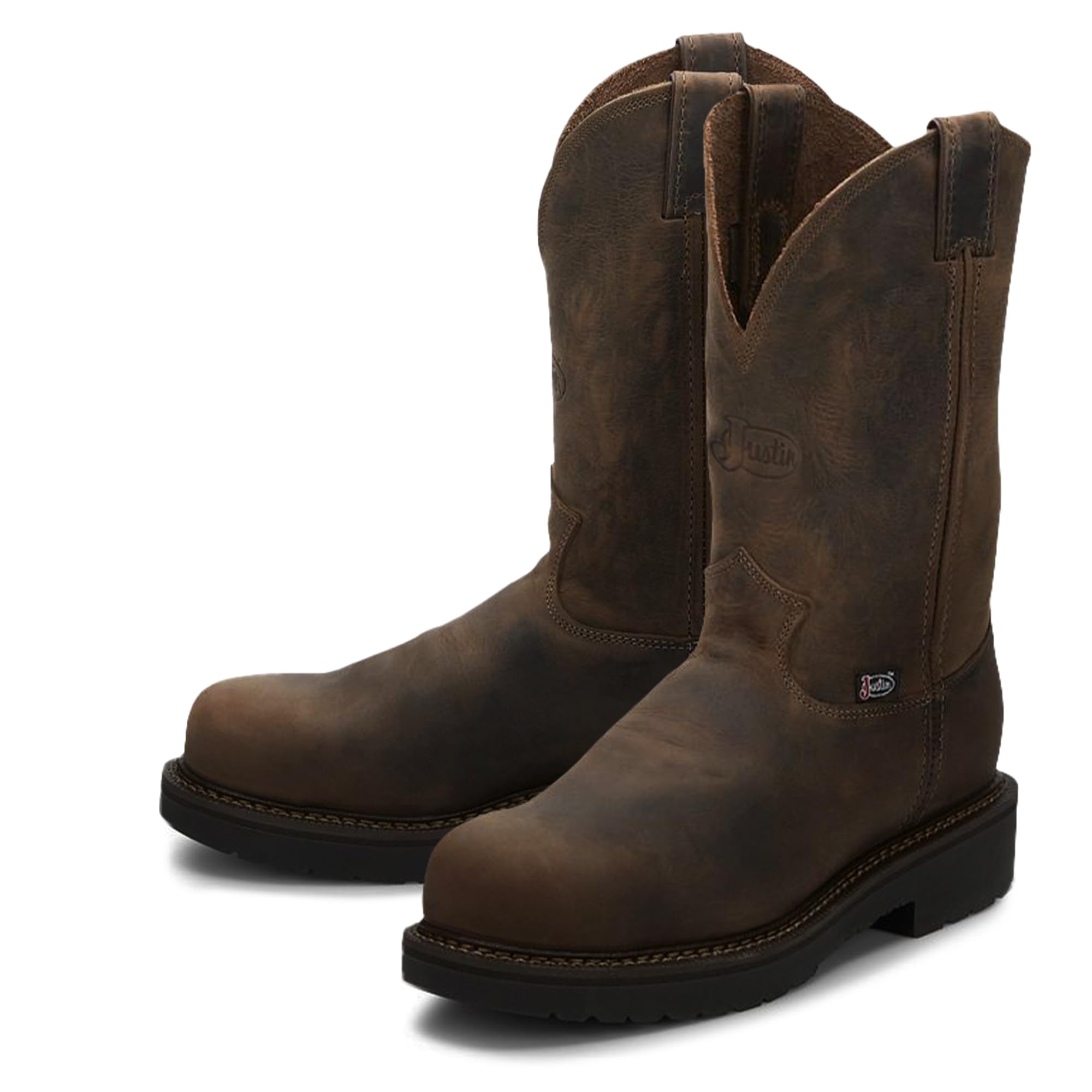 Justin Balusters 11" Steel Toe Work Boots for Men - Round Toe Full-Grain Leather Pull-On Steel Toe Boots with Slip-Resistant Outsole, EH Rated