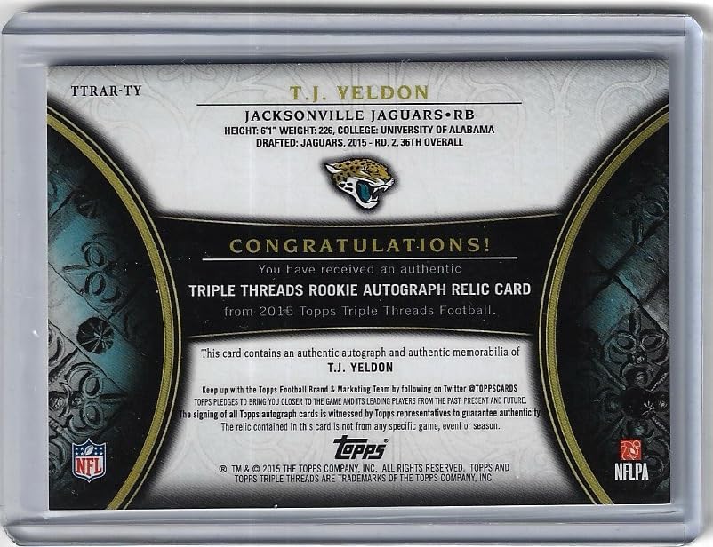 T.J. Yeldon Autographed Serial Numbered #26/99 Triple Threads Rookie Autograph Game Used Jersey Memorabilia Parallel Collectible Football Card - 2013 Topps Triple Threads Football Card #TTRAR-TY (Jaguars)