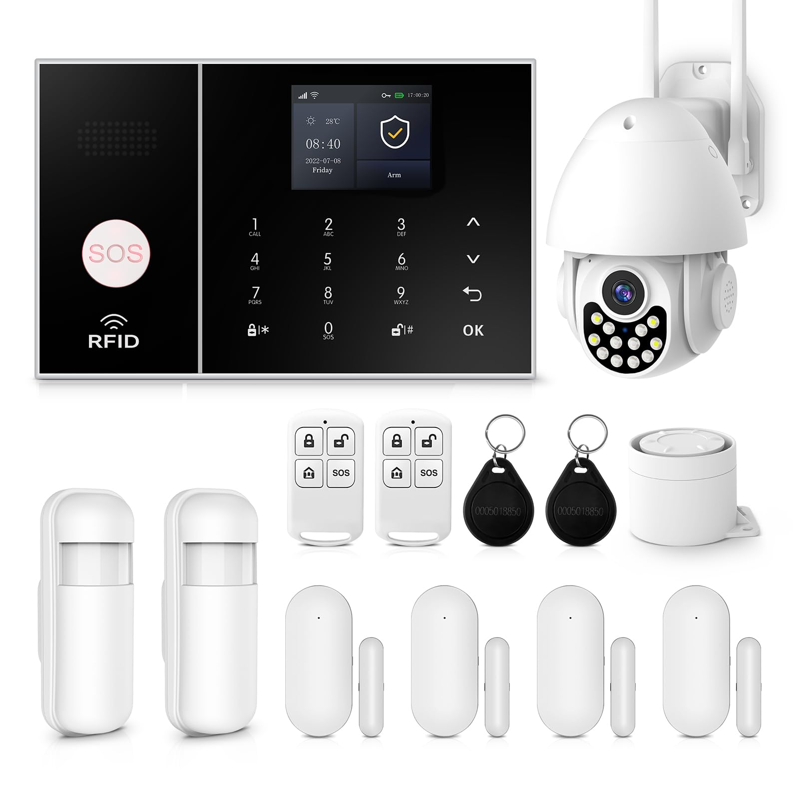 XNY Alarme Maison sans Fil Intelligent WiFi avec Caméra Surveillance Étanche IP66, 120db Sirène Kit Alarme Maison sans Fil 4G avec Caméra 1080P, Compatible avec Alexa et Assistant Google
