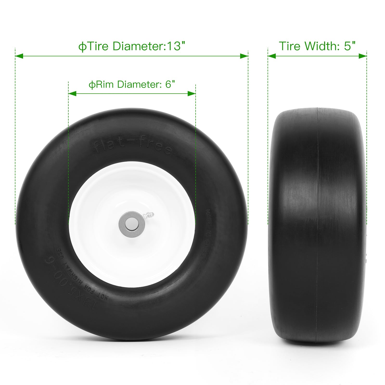 tonchean 2 PCS 13x5.00-6 Flat Free Lawn Mower Tire on Wheel Smooth Tread Tire for Zero Turn Lawn Mowers Solid Lawnmower Front Tires for Garden Tractor, 3/4" & 5/8" Bushing, 3.25"-5.9" Centered Hub