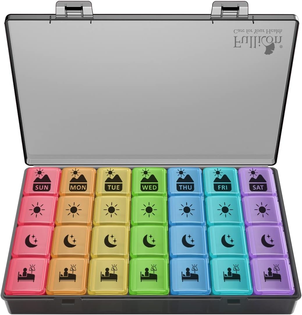 Fullicon Large Weekly Pill Organizer 4 Times a Day,7 Day Pill Box, Portable Medicine Organizer for Supplements Vitamin Pill Case Black