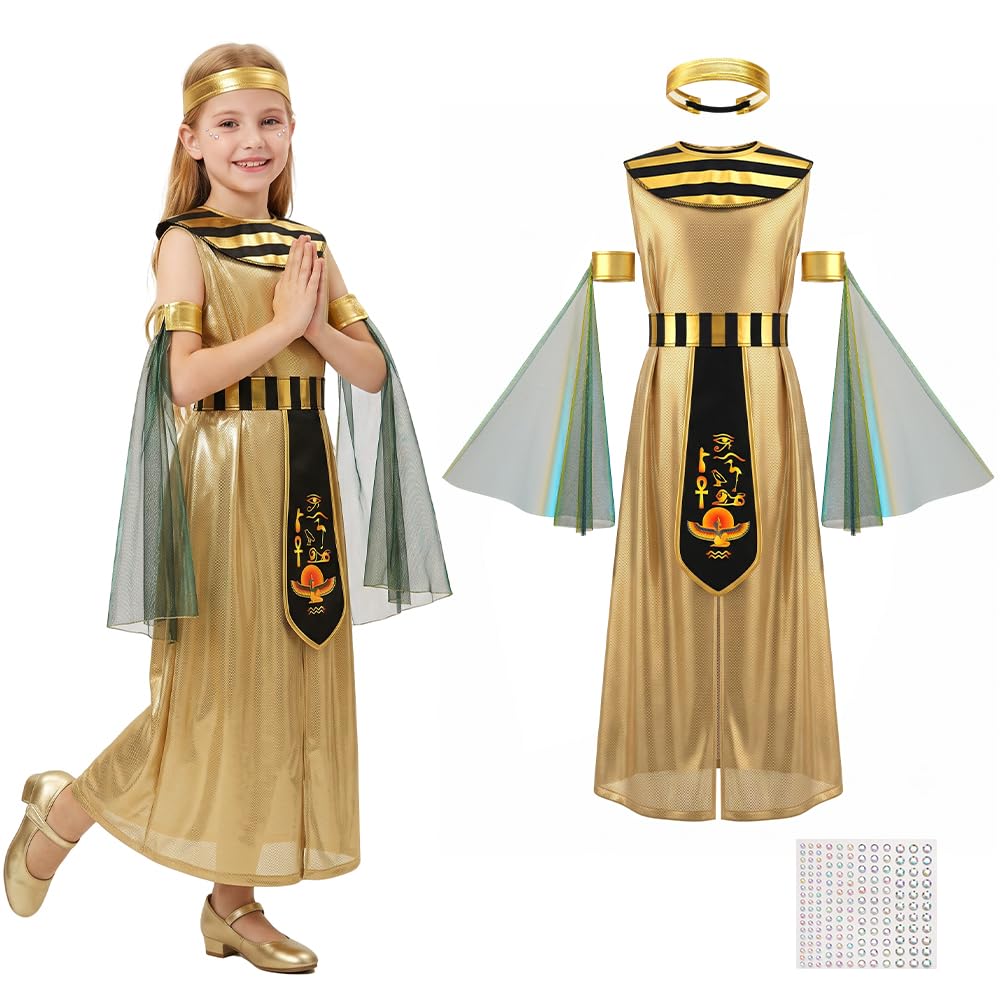 Aomig Egyptian Cleopatra Costume Kids 7PCS Ancient Egypt Princess Costume Goddess Queen Fancy Dress Up Set Ancient Pharaoh Costume Outfit for Cosplay Party Halloween Christmas World Book Day(XL)