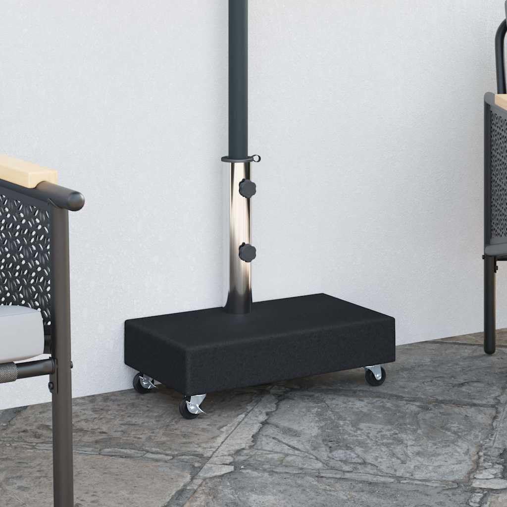 Supporto per ombrellone nero, 45 x 25 x 8 cm, in granito, con tubo in acciaio inox, 25 kg, ruote, adattatori per aste da 38 a 48 mm, per balcone, terrazzo, giardino