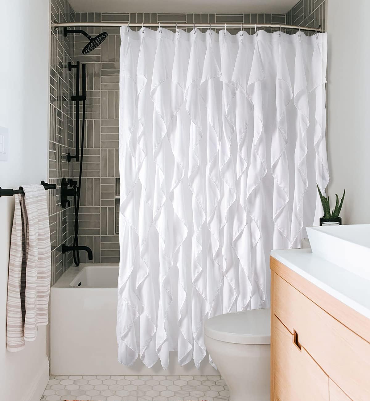 White Ruffle Shower Curtain Farmhouse Fabric Cloth Curtains for Bathroom, 72x72 in Long