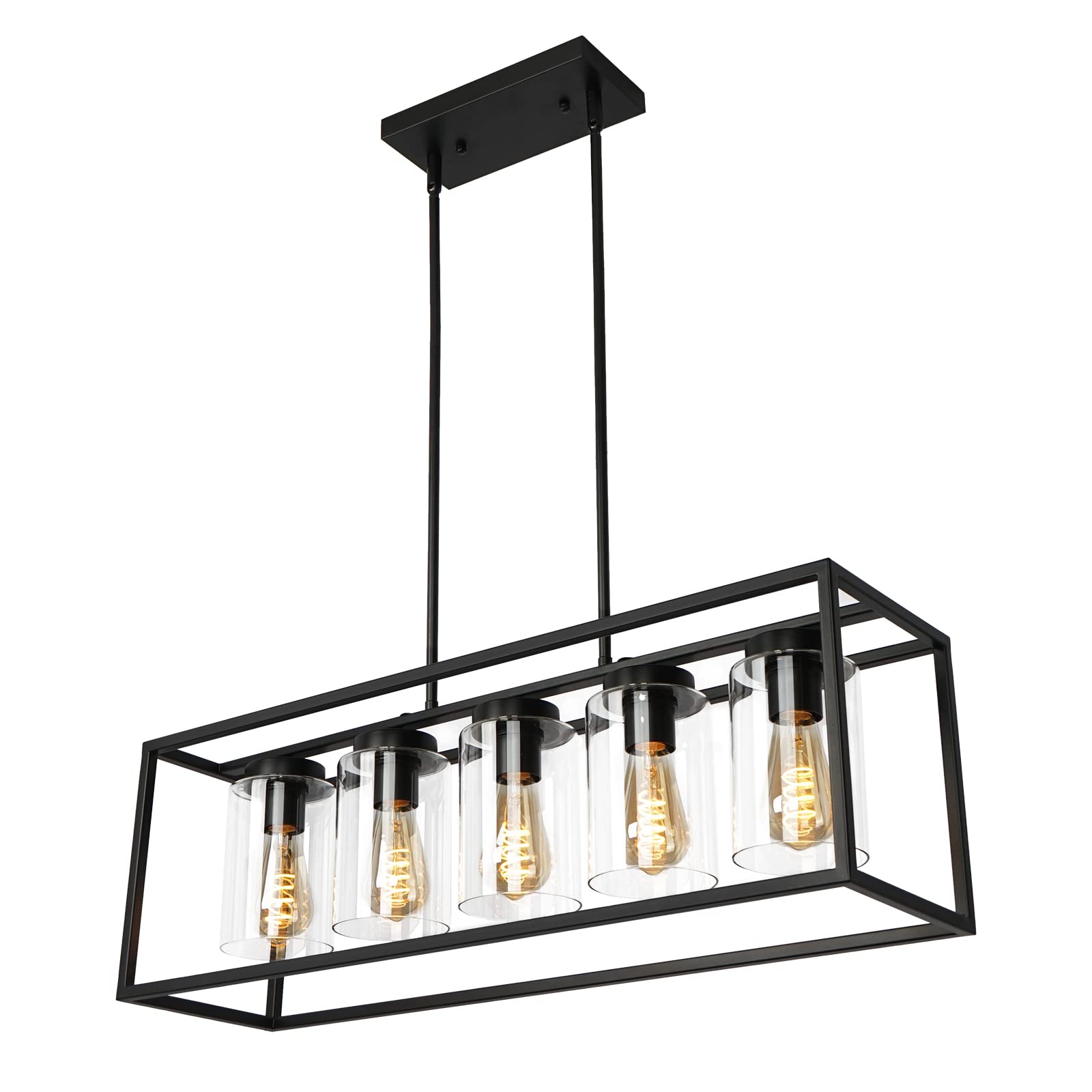 Farmhouse Rectangle Modern Chandeliers with Glass Shade, Black Linear 5-Light Industrial Island Light Fixture for Kitchen, Dining Room, Bar, Pool Table (30''x10'')