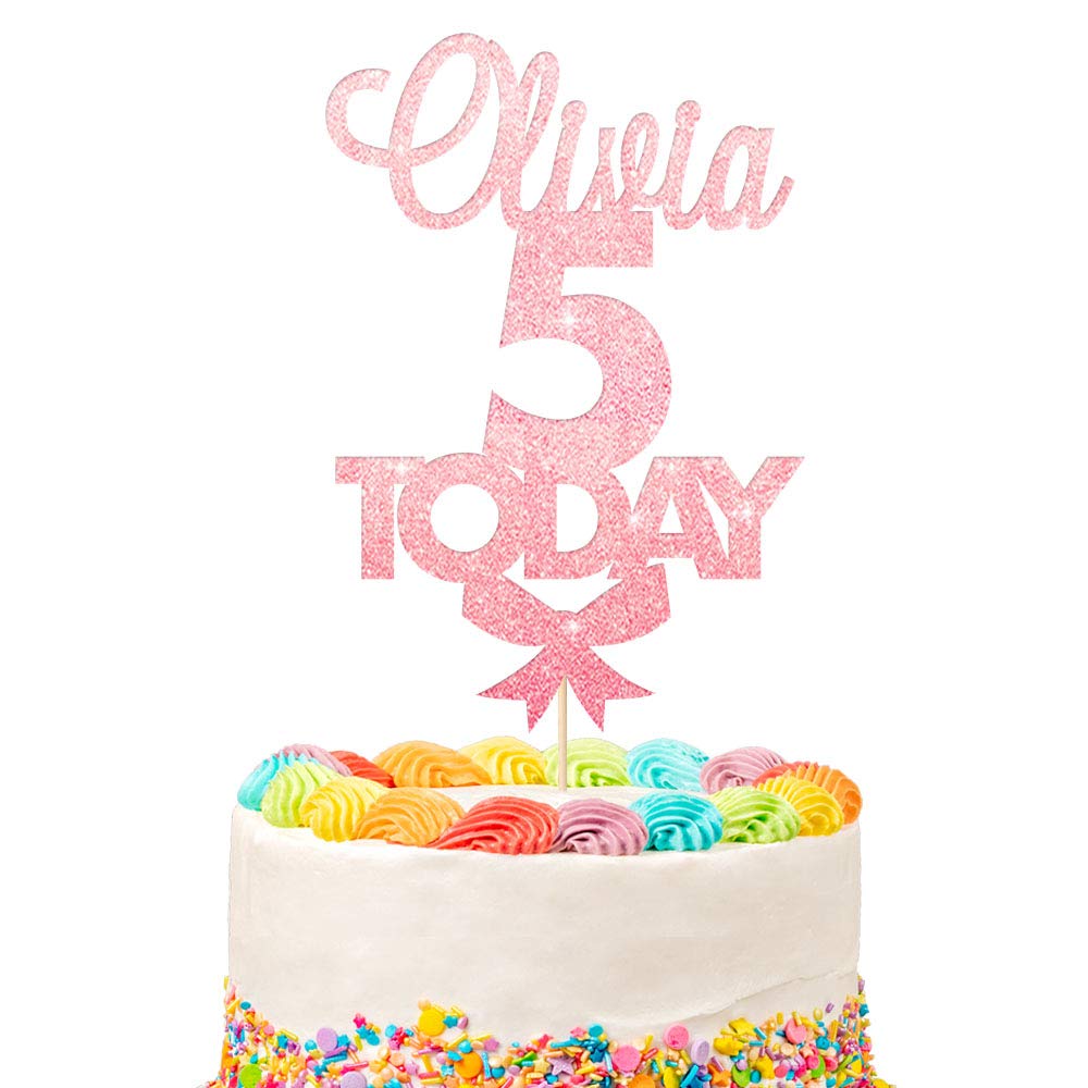 Customised Birthday Cake Topper | Personalised Any Name Age Today Daughter girl boy With Glitter bow | Multicoloured Non-Shed Double Sided Glitter | Baby Pink
