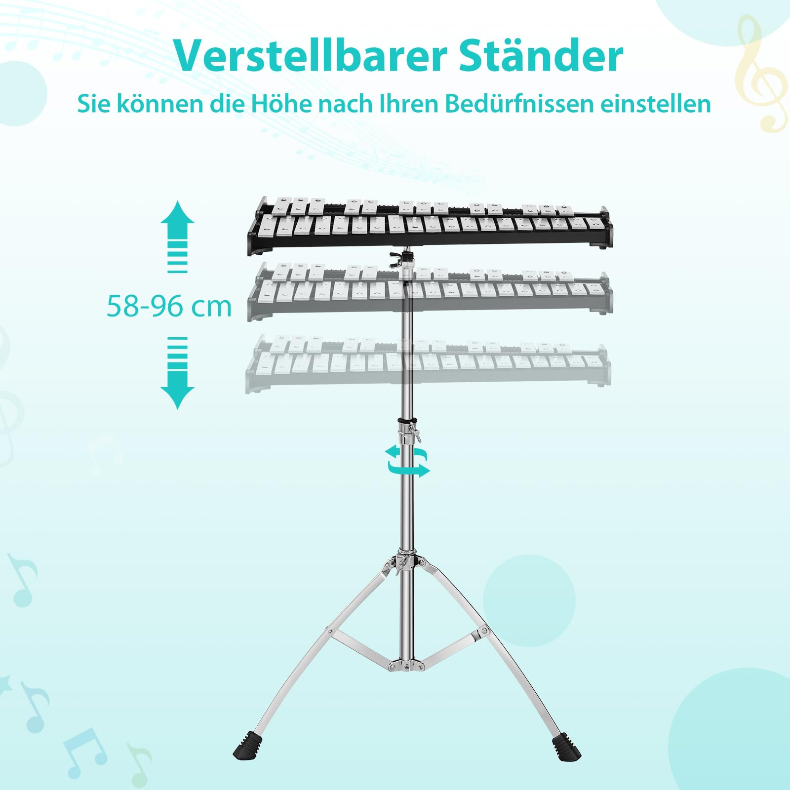 COSTWAY Glockenspiel 32 Tönen Xylophon mit verstellbarem Ständer, 20cm Übungspad, Schlägeln und Tragetasche, Percussion Schlaginstrument Alu