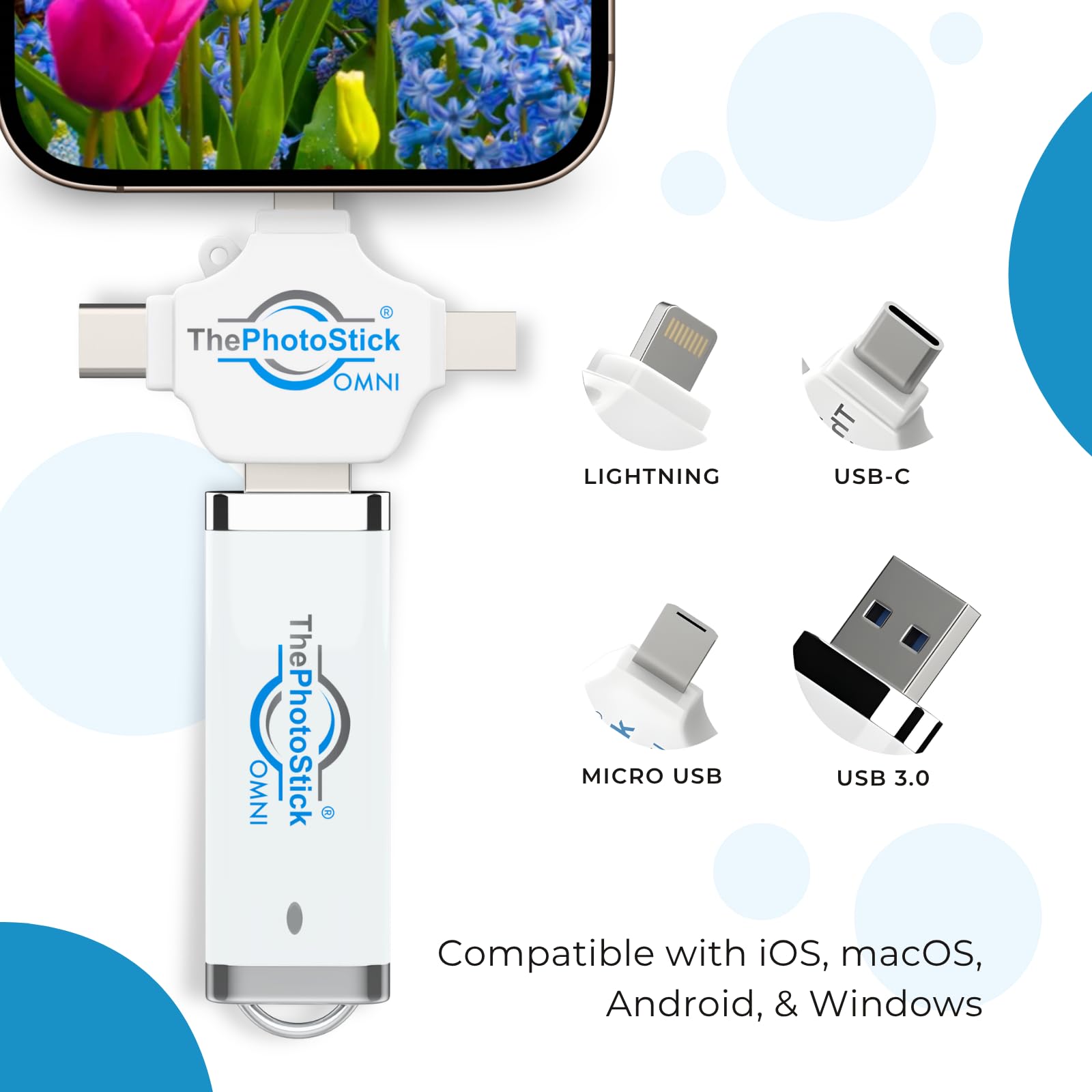 ThePhotoStick Omni - Memoria USB de 32 GB y Unidad Flash USB, Copia de Seguridad de Fotos y Videos para iPhone, Android, Mac y PC, conexión multipuerto para almacenar y transferir Archivos fácilmente