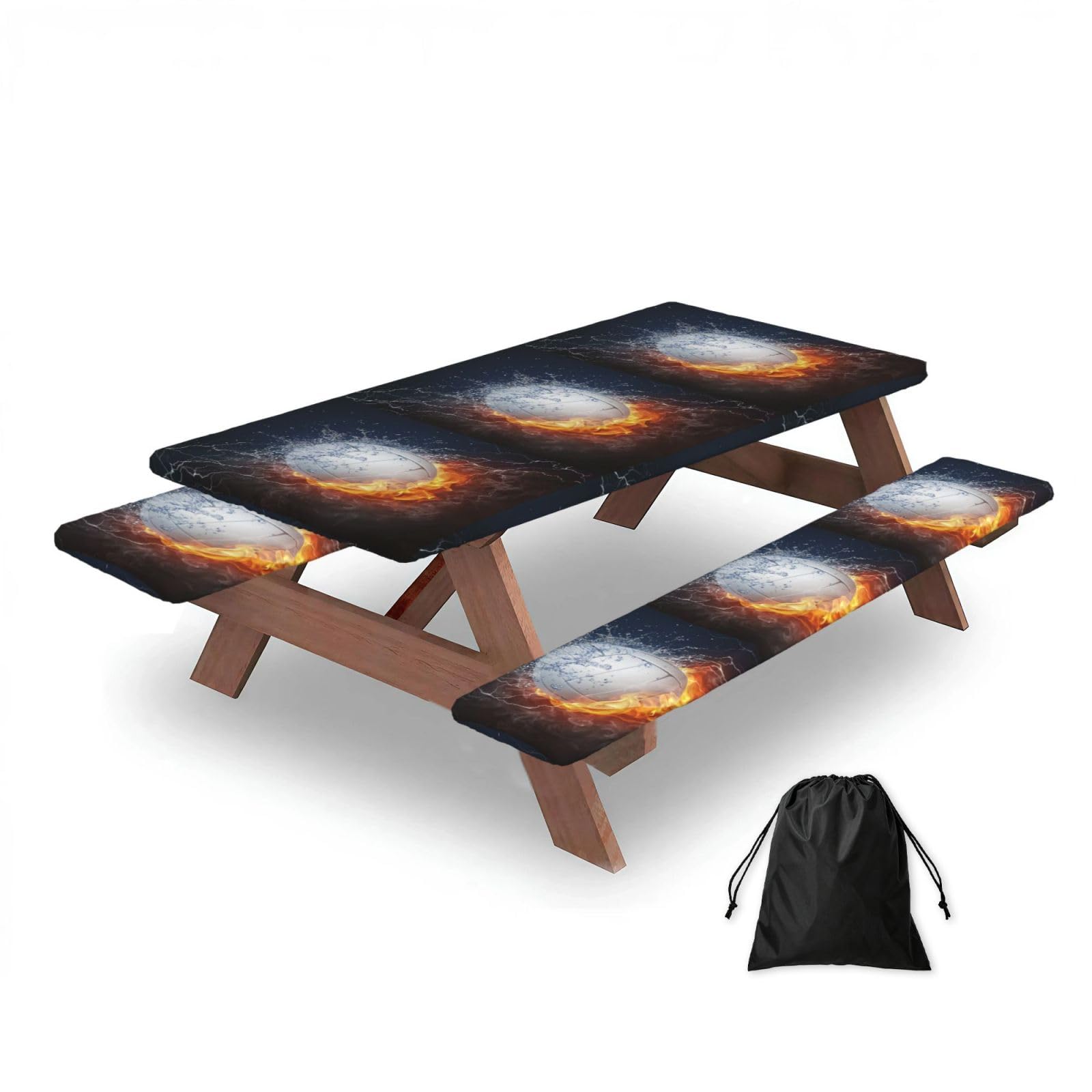 Ice And Fire Volleyball, Picnic Table Cover With Bench Covers -Waterproof Elastic Fitted Tablecloth for Garden Camping Patio 76x152cm