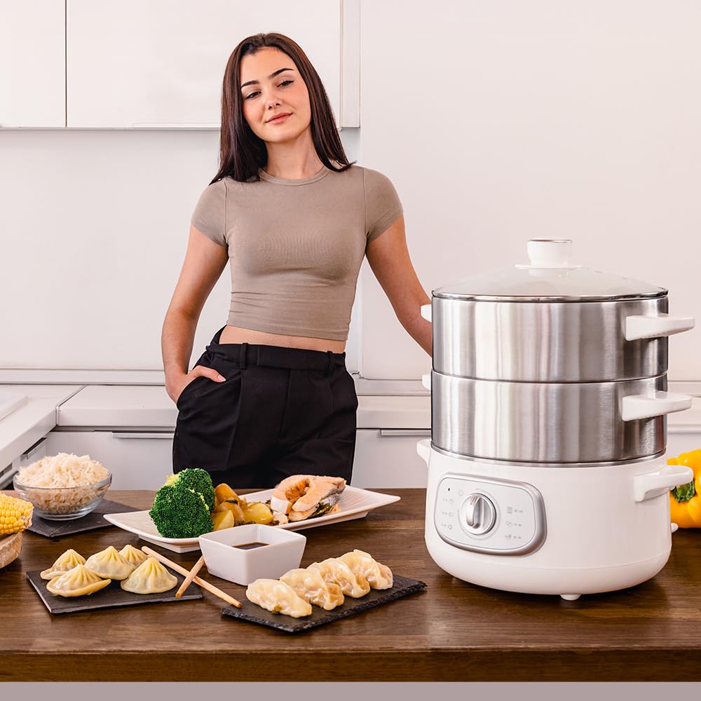 Cecotec Elektrischer Dampfgarer Vapovita Steelpot Weiß. Leistung 1300W, Edelstahlbehälter, 10L, einstellbare Zeit, automatische Abschaltung, einfache Reinigung, spezieller Deckel, gesundes Kochen