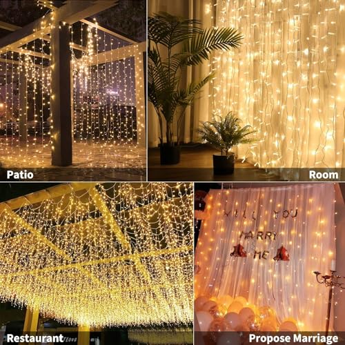 Image of fizzytech Plastic Fairy Curtain String Lights for Wall Decoration, Warm White 300 LED's, 8 Flashing Modes, Window Backdrop Lights for Bedroom, Party, Diwali, Christmas - 3x3 Meter