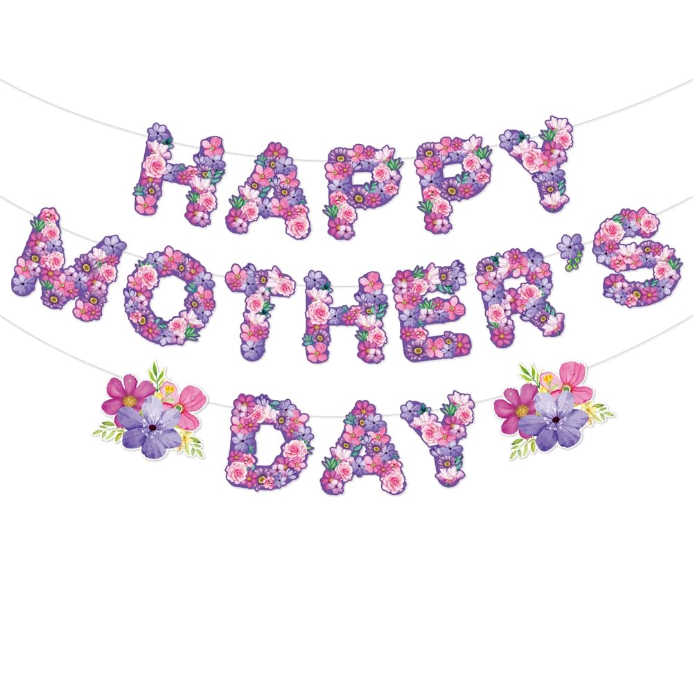 Happy Mother's Day Banner,Pink Purple Flower Hanging Bunting Banner Garland Floral Rose Letter Flag Mother's Day Party Decoration Photo Booth Props for Mom Woman Birthday Party Decor Supplies