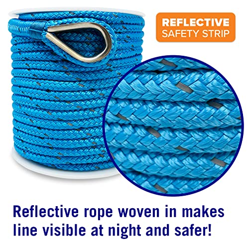 Image of Better Boat Premium Anchor Rope, 100 Ft Double Braided White Nylon Marine | Line, Reflective 3 /8 Inch Reel for Anchors and Boats, Blue