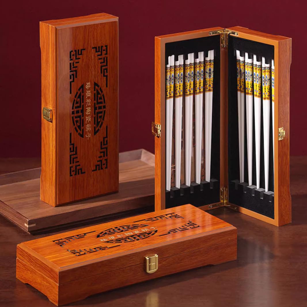 Coffret cadeau de baguettes en porcelaine chinoise, coffret cadeau de 10 paires de baguettes réutilisables lavables au lave-vaisselle avec étui, baguettes en céramique d'os de haute qualité avec