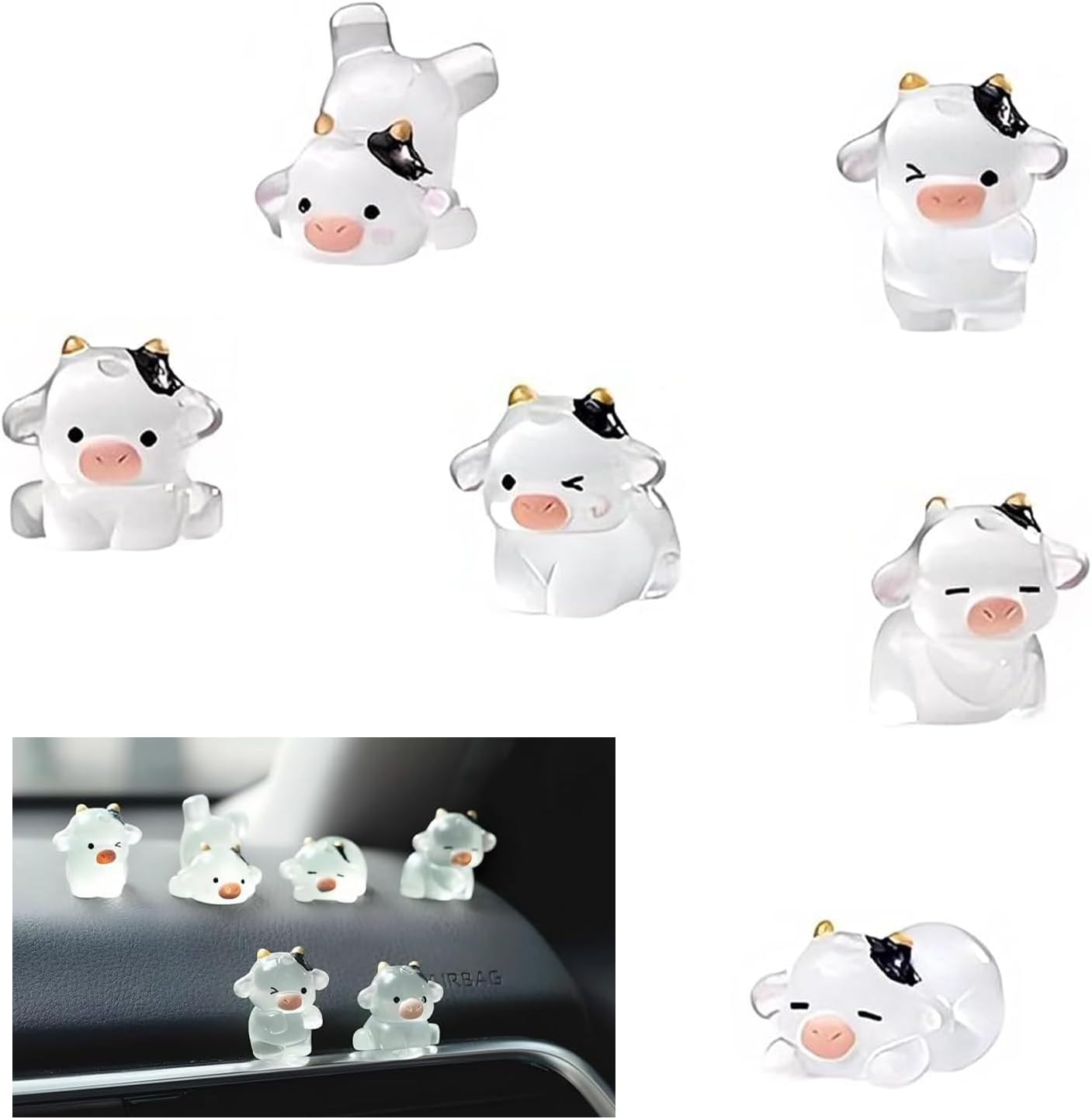 6 PCS Car Cow Dashboard Decorations, Luminous Cute Ornament, Different Pose Funny Mini Rearview Mirror Decoration, Self-adhesive Interior Accessory for Cars Trucks SUVs (White)