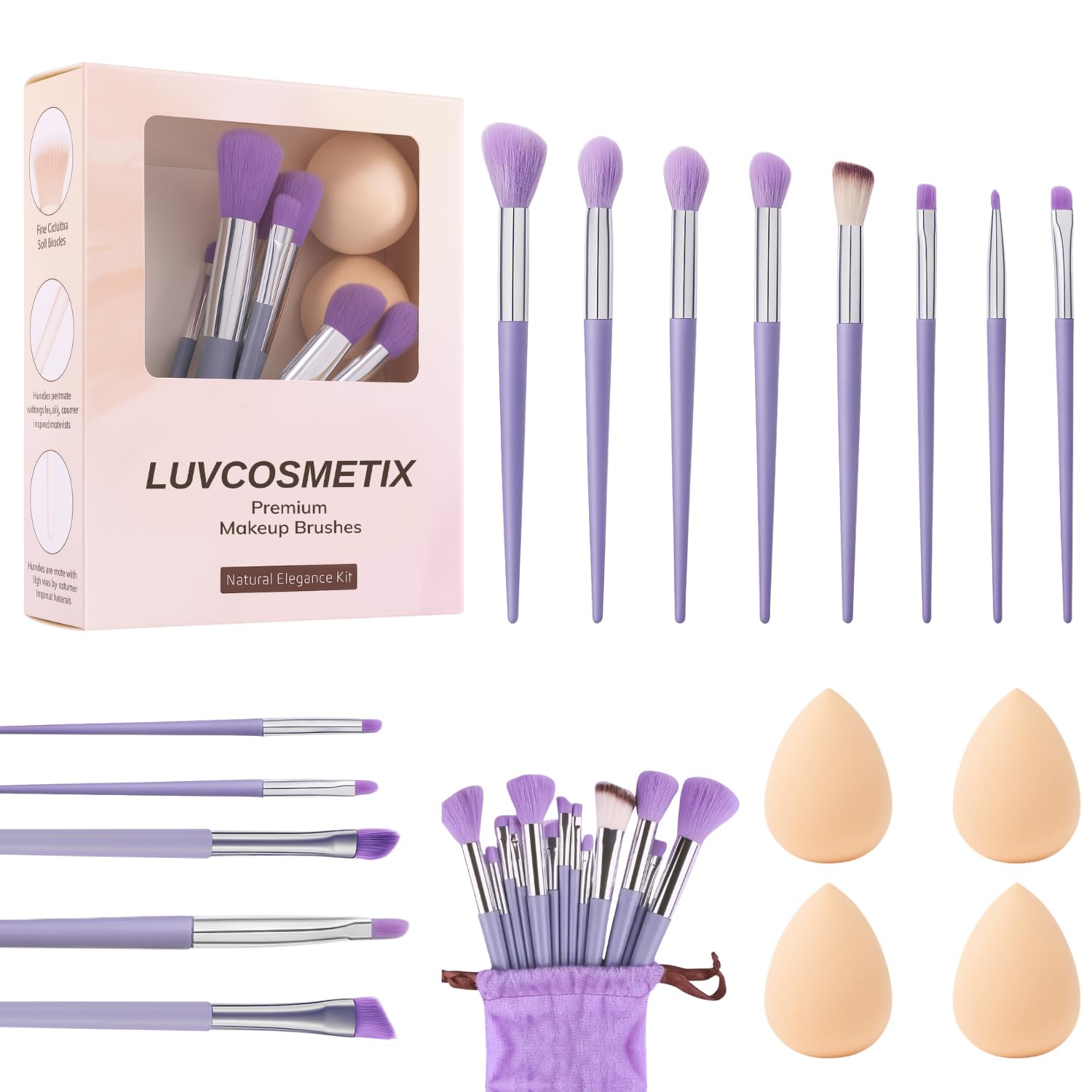 LUVCOSMETIX 17-Piece Makeup Brush & Sponge Set – Includes 13 Premium Synthetic Brushes for Foundation, Powder, Concealer, Blush & Eyeshadow, Plus 4 Soft Blending Sponges With Pouch (Purple)-image-17