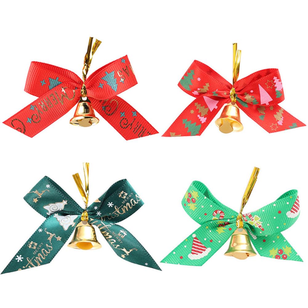 NIXNUT 12pcs Christmas Tree Bows Ribbon Hanging Decorations with Bell Ornaments Pendant for New Year Xmas Party Red Green