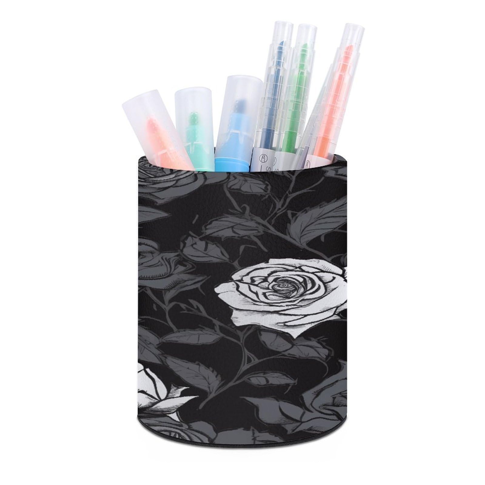 FekiLoot Rose Gothic Pen Holder Cup Fashion PU Leather Pencil Cup Minimalist Pen Organizer Round Pencil Holder Stand Work Locker Accessories for Decoration Desk Office Home