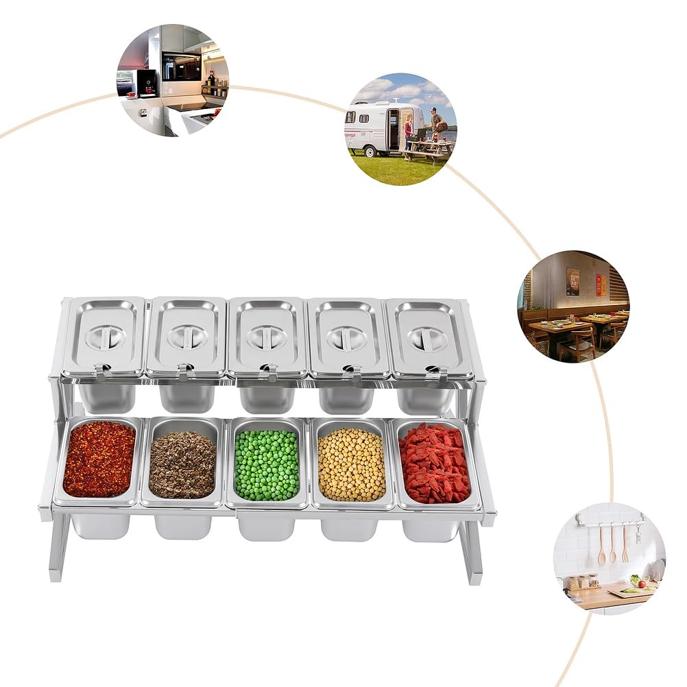 Estante de especias expandible, estante organizador de acero inoxidable de 2 niveles con 10 sartenes, tapas y cucharas para condimentos, especias y mermeladas, ajustable de 14 a 25.6 pulgadas