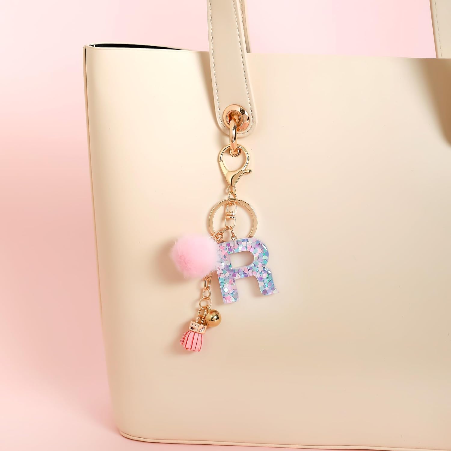 Resin Alphabet Initial Letter Keychain Keyring for Women Purse Handbags With Fur Ball Pom - Image 6