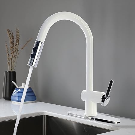 Yawhite Sleek White Kitchen Faucet With Pull Out Sprayer 360 Degree Swiveling 3 Function Single Handle Modern Pull Down Kitchen Faucet White Amazon Com