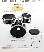 Vista 2 de Eastar Batería de 14'' para Niños Principiantes, 3 Piezas con Bombo Tom Snare, Trono Ajustable, Platillo, Pedal y Dos Pares de Baquetas, Metálico