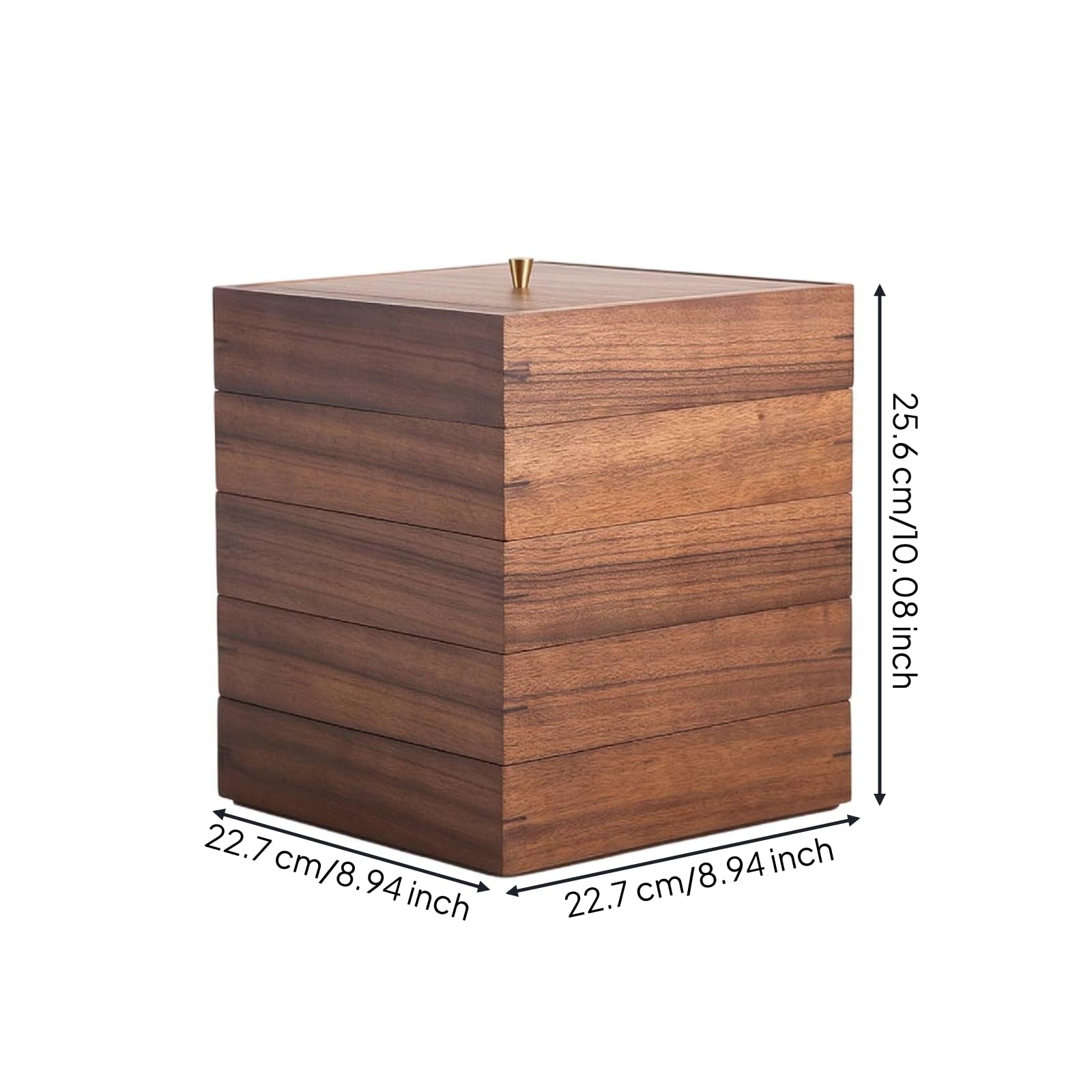 Boîte de Rangement Thé Boîte Coffret Organiseur en Noyer Massif avec Couvercle et Bouton Laiton pour Conserver les Galettes de Empilable et Modulable, Diamètre 22,7 Cm, Hauteur 25,6 Cm