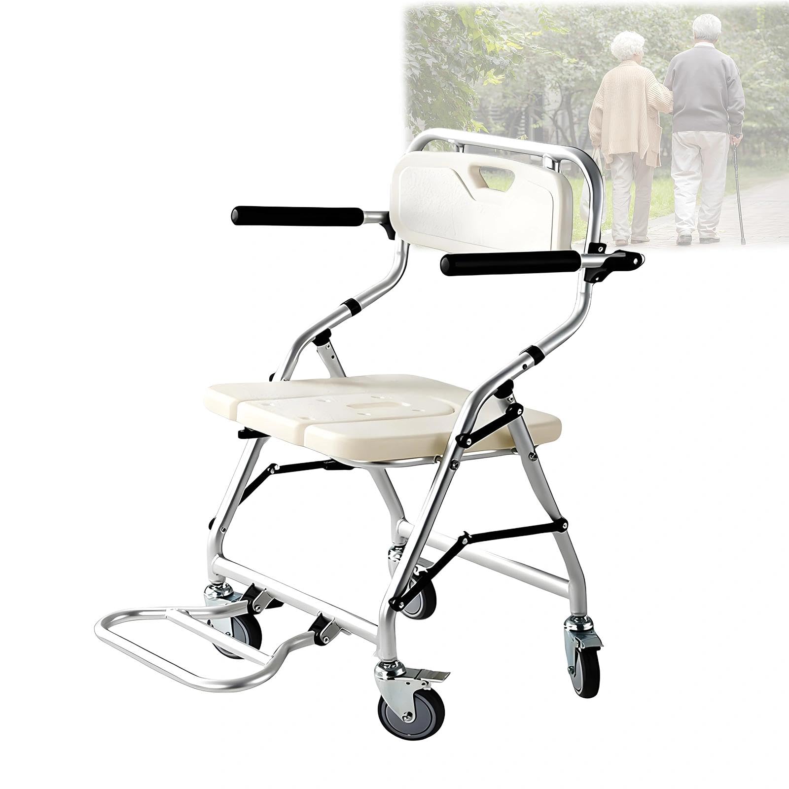 Silla Ducha WC con Ruedas para Personas Mayores, 3 en 1 Taburete de Ducha Plegable con Pies Abatibles, Silla Baño Ancianos Ducha con ReposabrazosCarga, Máxima 120kg
