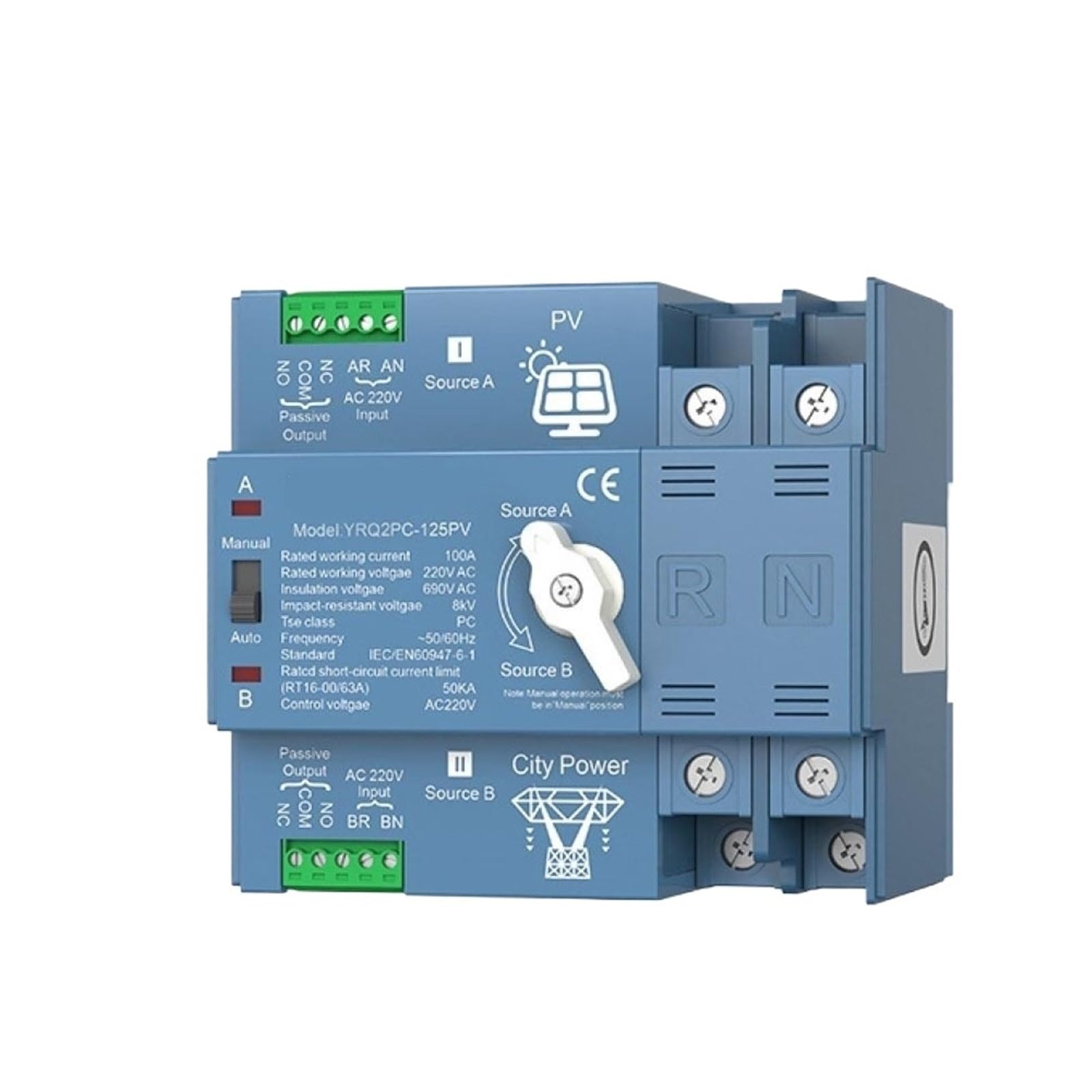 Interruttore di trasferimento automatico solare fotovoltaico Din Rail 2P Interruttore di trasferimento automatico a doppia alimentazione 63-125A Inverter solare 220V CA