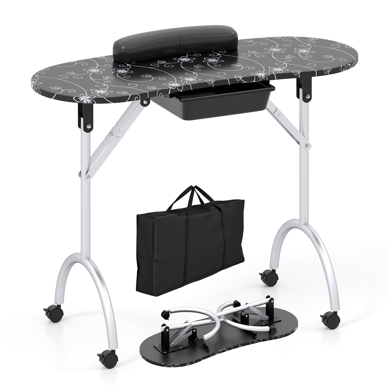 COSTWAY Tavolo Manicure Pieghevole, Tavolo Unghie Estetista Portatile con Ruote, Cassetto, Cuscino Poggiapolsi e Borsa