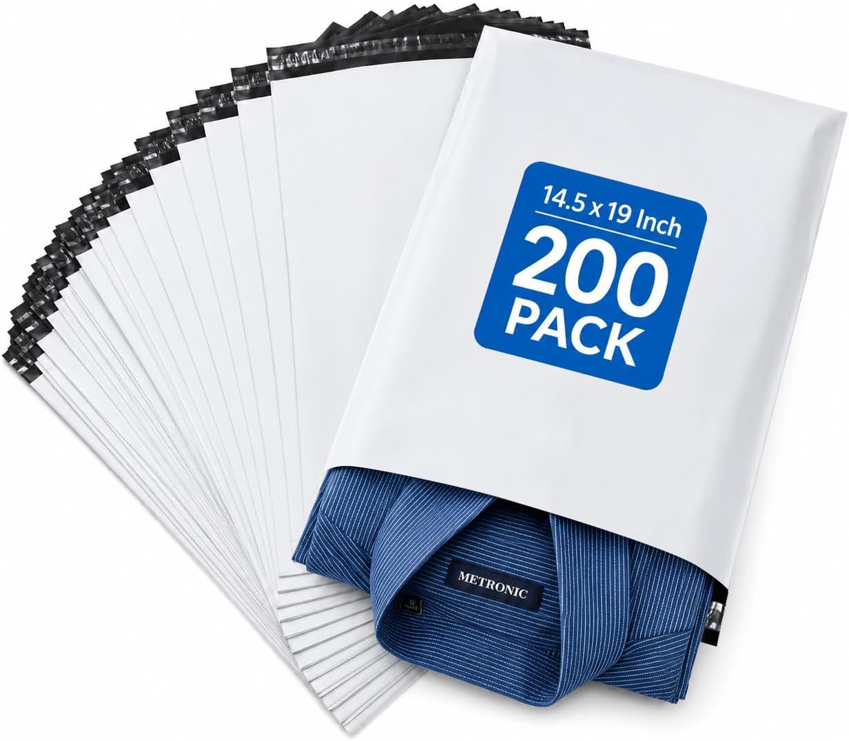 - Metronic Poly Mailers 14.5x19 200 Pcs | Large Shipping Bags for Clothing | Strong Adhensive Mailing Bags for Small Business, Shipping Envelopes Bags, Tear-resistant Package Bags White