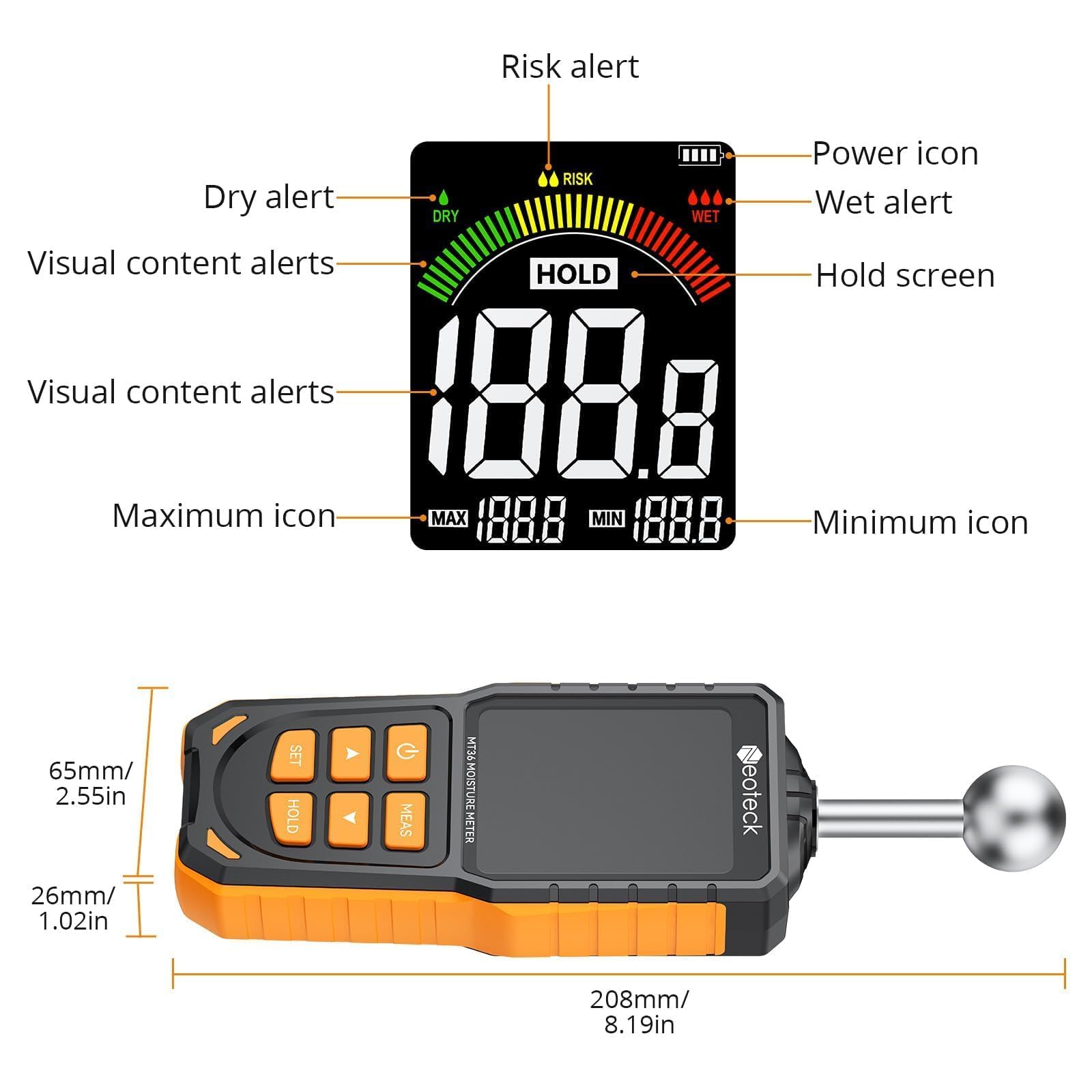 Neoteck Medidor de Humedad Recargable con Alarma Acústica, 5-40 mm Detector para Madera, Yeso, Cemento