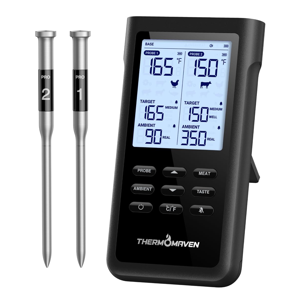ThermoMaven 3000FT Smart Wireless Fleischthermometer, Sub-1G Langstrecke, 6 Sensoren (NIST genau), 2 dünne Sonden, Basisstation mit LCD, für Grill, BBQ, Ofen, Räucherofen (Schwarz)