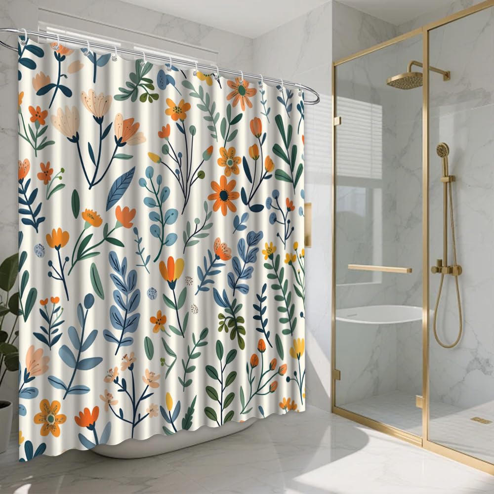 Großer Duschvorhang mit Wildblumenmuster,Beige,Weiß,Türkis,Blau,Senfgelb,Grün,Botanische Badezimmerdekoration (165 x 165 cm / 65 x 65 Zoll (B x H)