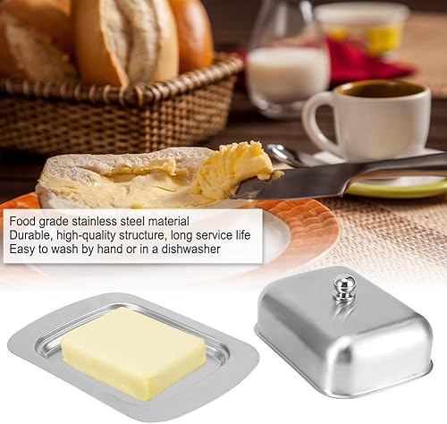 Miniatura 3 de Alvinlite Mantequillera de acero inoxidable, bandeja de mantequilla de doble cubierta, contenedor de pan de queso con tapa, accesorios para encimera