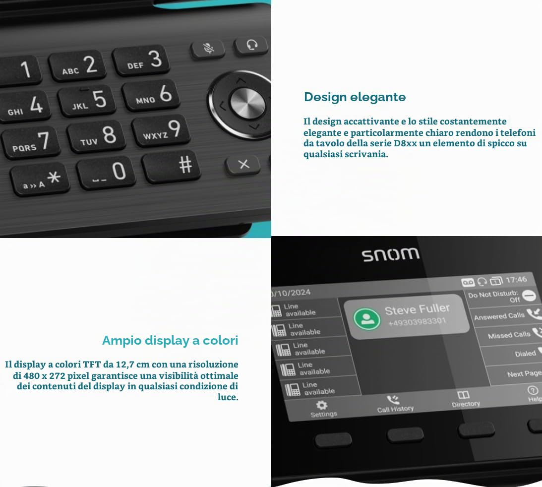 Snom D815W Telefono da scrivania wireless - Display a colori IPS da 5", 10 tasti funzione, Wi-Fi dual-band - Telefono VoIP professionale per aziende e uffici, compatibile con sistemi telefonici comuni