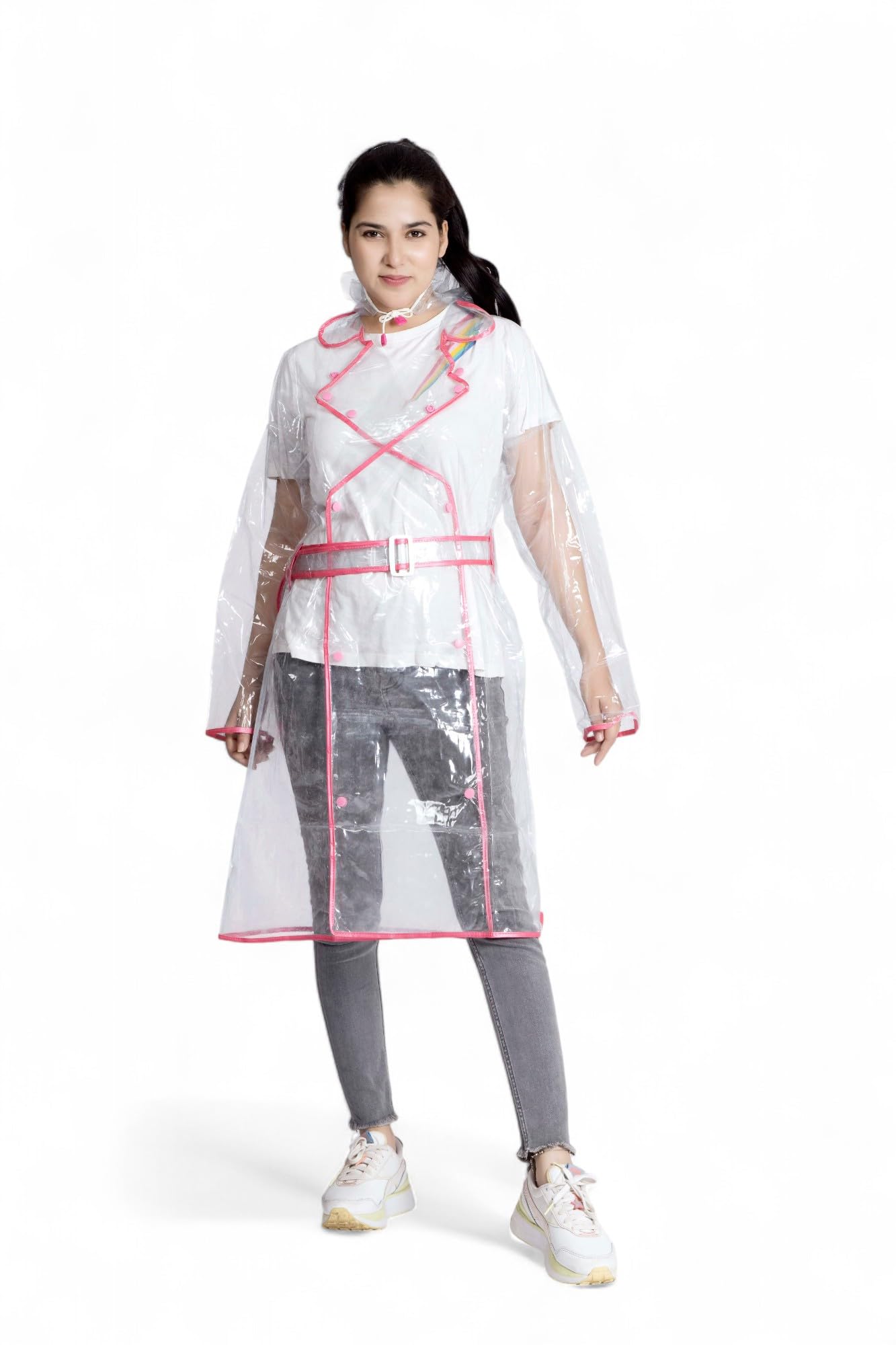 Rainwear Clear PVC Short Raincoat for Women with Piping & Belt | Transparent Knee-Length Waterproof Rain Coat | Modern & Stylish Monsoon Outerwear-image-32