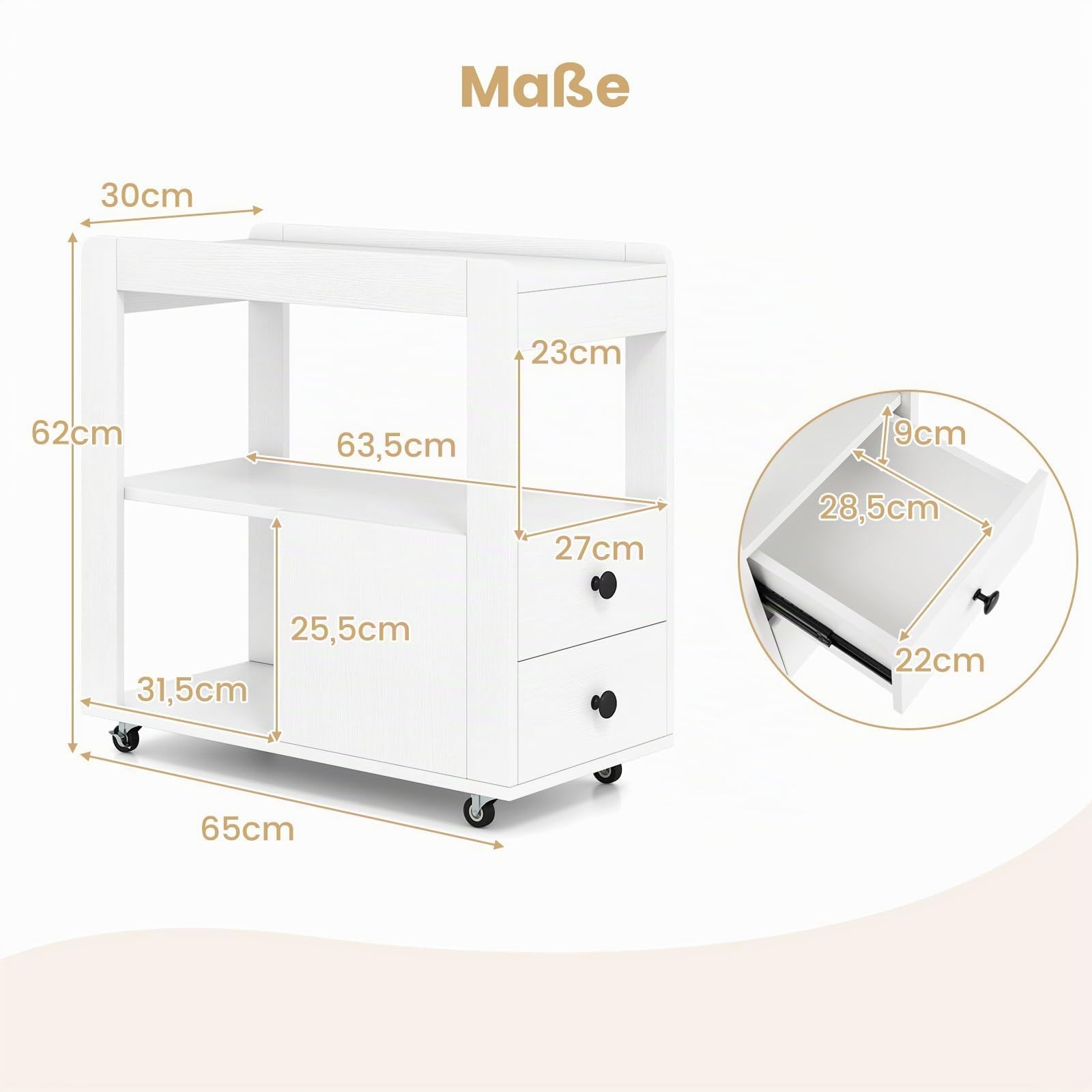 COSTWAY Druckertisch mit Rollen, Rollcontainer mit 2 Schubladen & Ablagen, Druckerständer für Schreibtisch, Beistellwagen Bürocontainer schmal für Zuhause & Büro, 65 x 30 x 62 cm (Weiß)