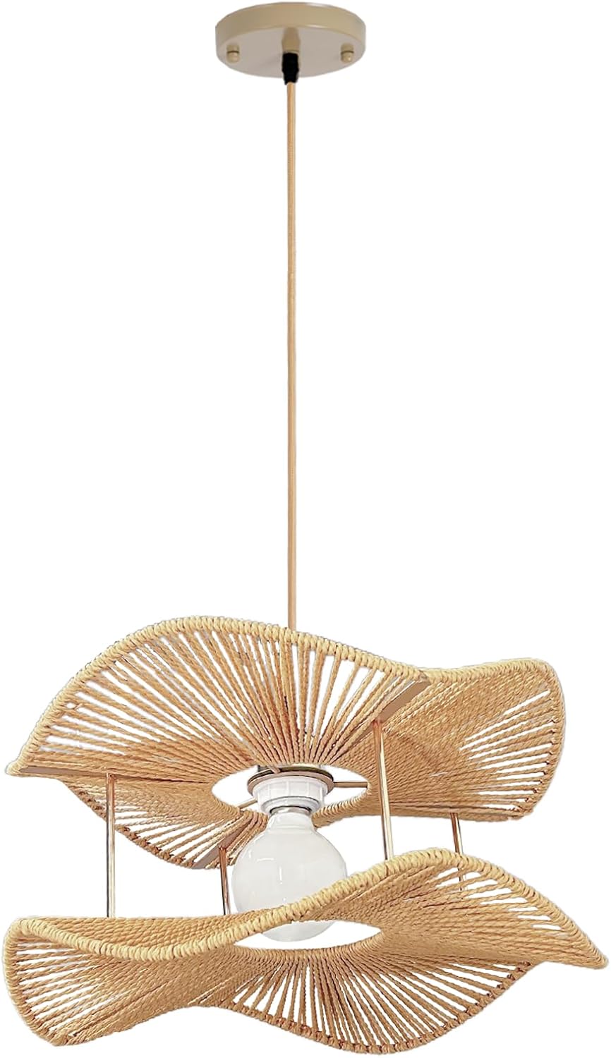 Farmhouse Rattan Pendant Lights 2-Tier Coastal Kitchen Light Over Island 15.8in Boho Rattan Hanging Lighting Wicker Woven Chandelier for Dining Room Bedroom Entryway Restaurant Foyer