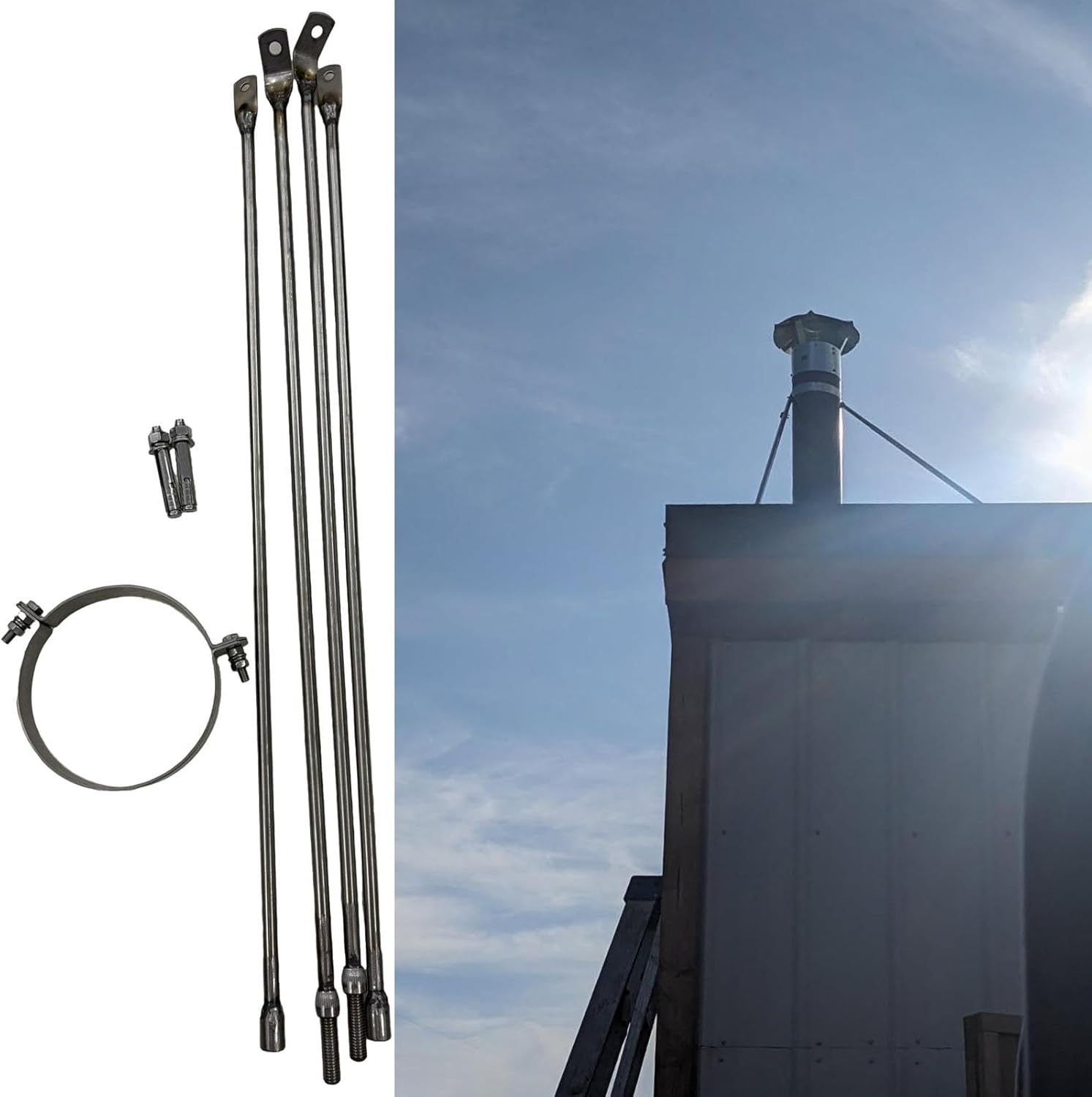 Stove Pipe Bracket - Metal Chimney Pipe Support Kit, Solid Steel Legs & Hoop, 2 Screws, Ventilation Tube Holder, 9 9/16 inch (243mm) Diameter - Durable Fixing Solution