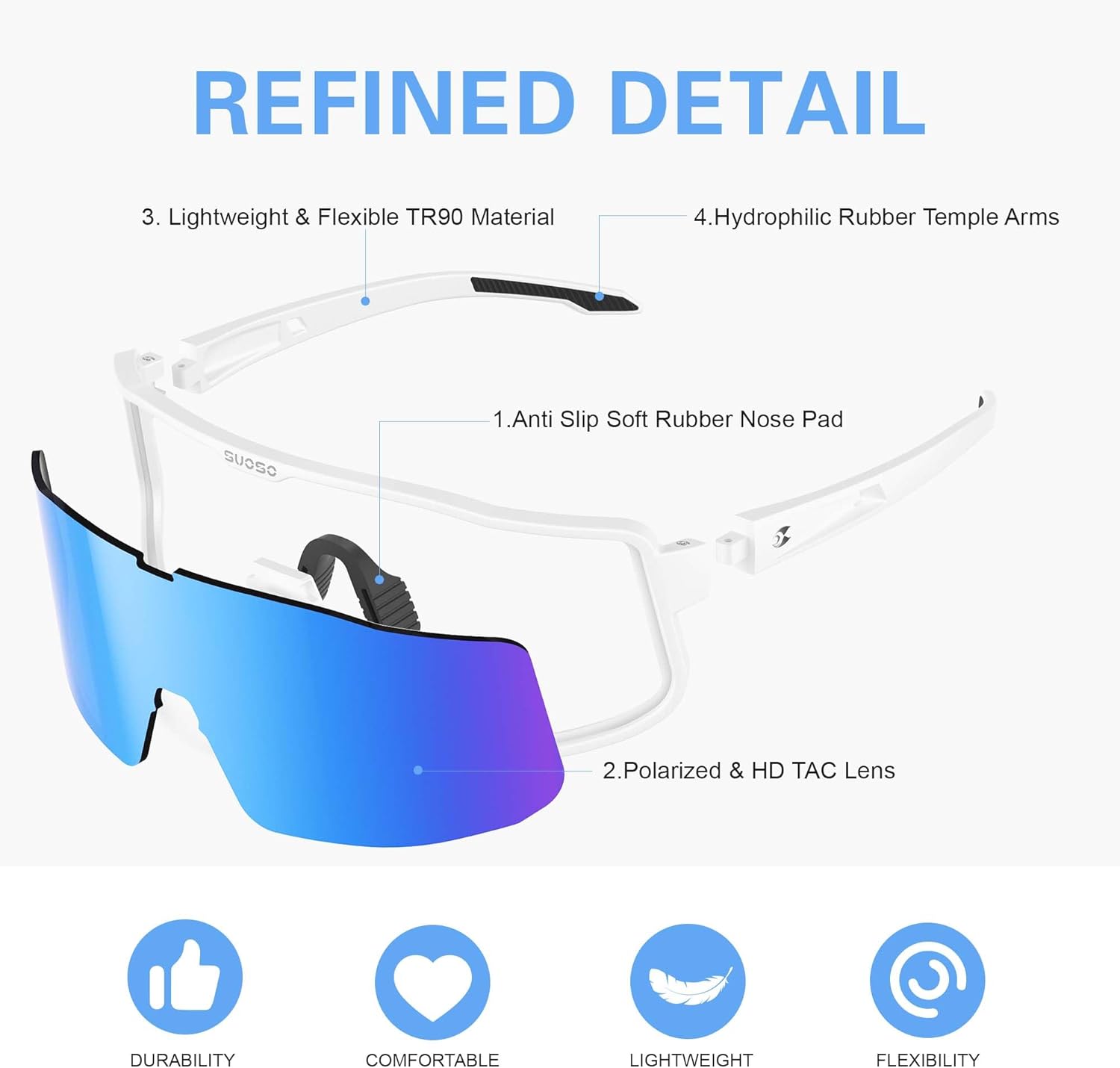 suoso Sports Cycling Glasses for Men: UV400 Polarized Wraparound Sunglasses for Women Running Riding Fishing Baseball TR90