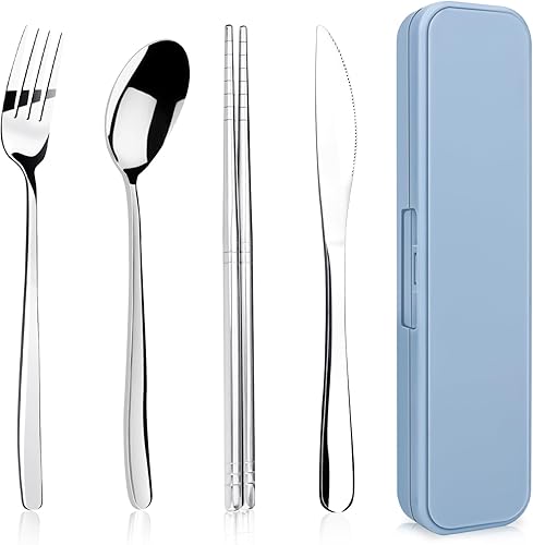 Juego de utensilios de viaje portátiles de 5 piezas con estuche, juego de utensilios de campamento de acero inoxidable de alta calidad, cubiertos
